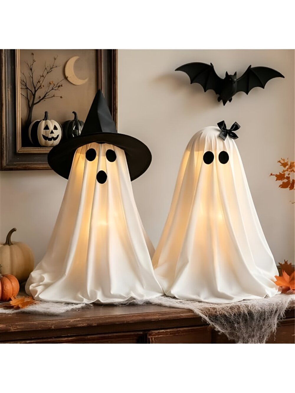 Halloween Decorations Light-Up Ghosts with Witch Hats, Indoor Ghost Decor